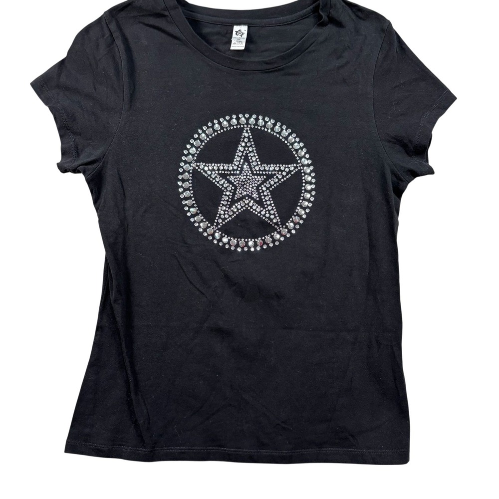 VTG Y2K Black‎ Rhinestone Star Graphic Tee Sz XL Grunge biker Grannycore Bling